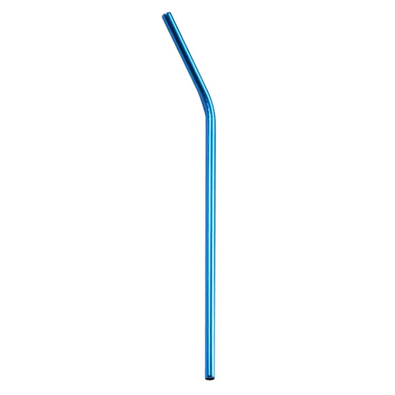 A sleek curved blue stainless steel reusable straw with a glossy finish from a multicolor steel reusable straws set