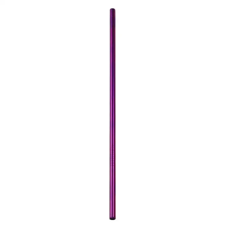 A sleek metallic purple stainless steel reusable straw with a smooth reflective surface for kitchen dining use