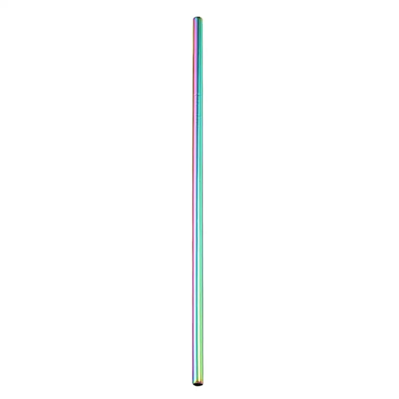A sleek iridescent multicolor stainless steel reusable straw with a smooth reflective surface for kitchen dining use