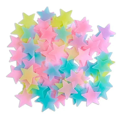 Multicolor stars glow dark wall stickers in pastel pink blue green and yellow for luminous bedroom decor