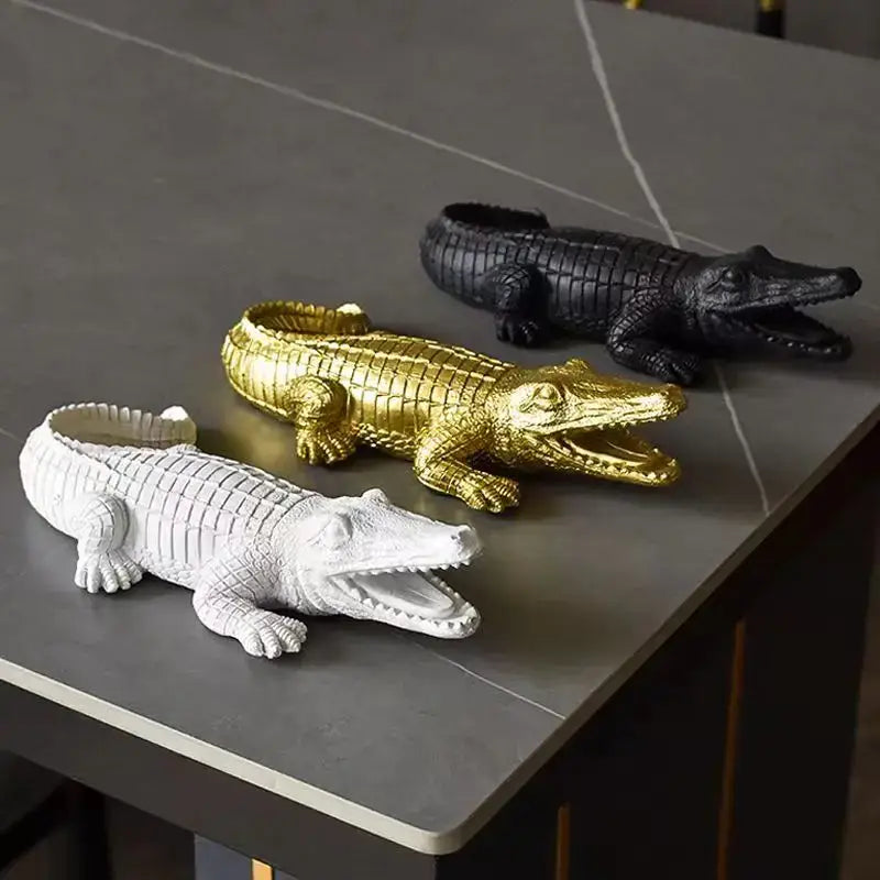Three decorative alligator resin figurines in white gold and black for wildlife sculpture and living room decorbites decor