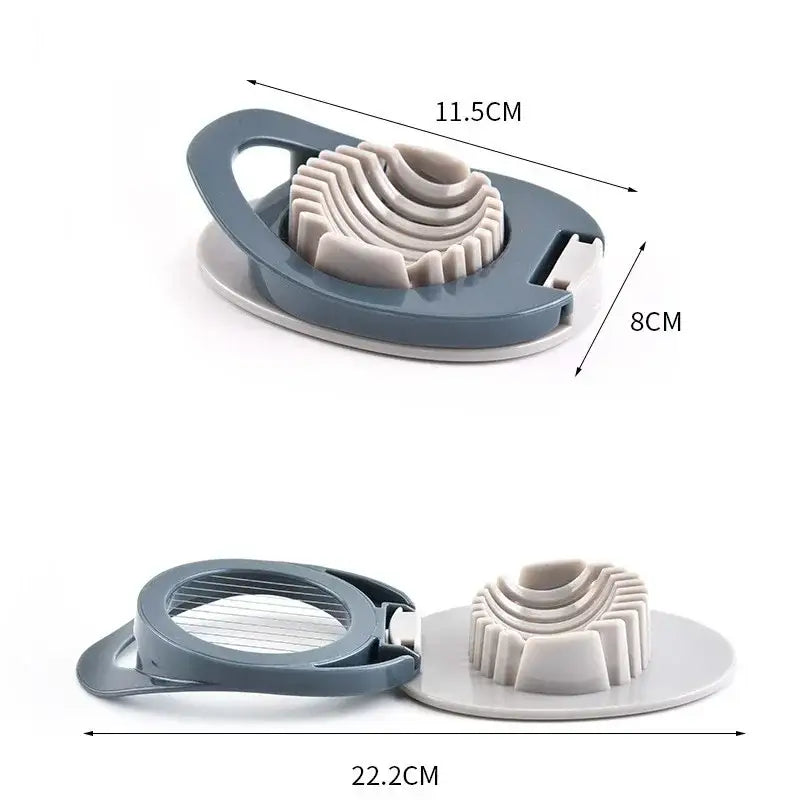 Gray and white plastic egg cutter with stainless steel circular blade mechanism multifunctional kitchen gadget