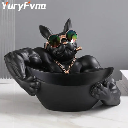 Muscular black french bulldog cool dog resin statue with sunglasses and gold chain for stylish home decor by decorbites