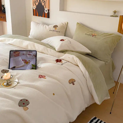 Cream-colored decorbites embroidered cashmere winter duvet set with mushroom designs and soft cozy texture