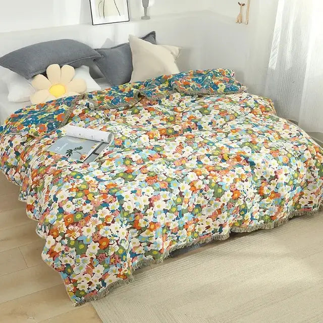 Colorful mustard and teal cotton throw blanket with decorbites gauze flowers and fringed edge for bedroom decorbites gauze decorbites gauze flowers