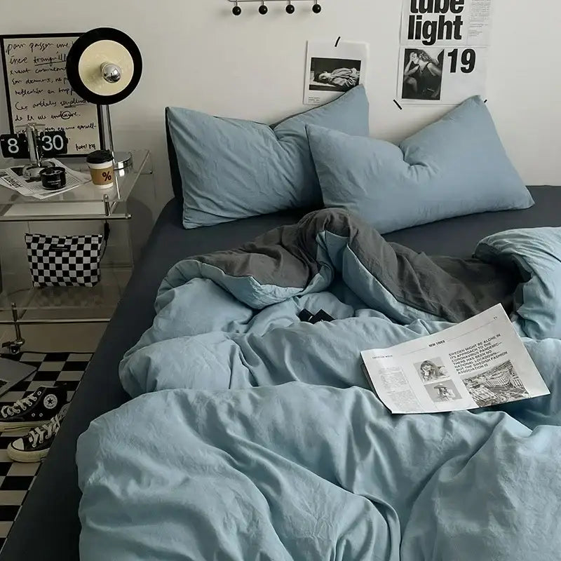 Light blue and gray cotton bedding set with soft textured fabric finish from decorbites cotton bedding collection