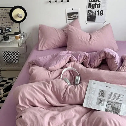 Pink duvet set with soft plush texture and matching pillows from mustard textured cotton bedding set by decorbites cotton bedding