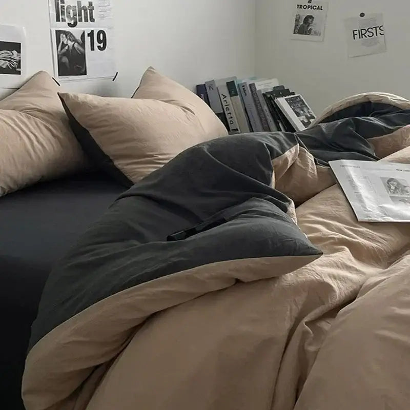A cozy two-toned cotton bedding set in soft beige and dark gray with a rumpled texture from decorbites cotton bedding