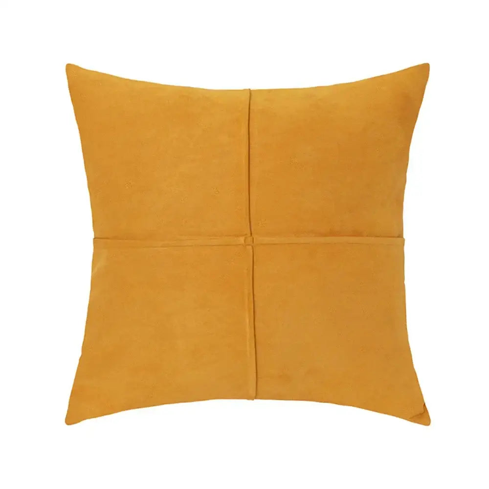 Mustard yellow cross faux suede pillow cover with subtle quadrant stitching for living room decorbites decor