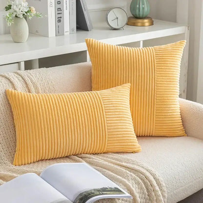 Pair of mustard yellow decorbites corduroy striped pillow covers with vertical ribbed texture for living room decor