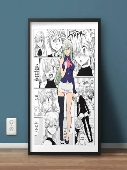 Black-framed hero academia canvas wall art featuring a green-haired anime character in a purple top by DecorBites