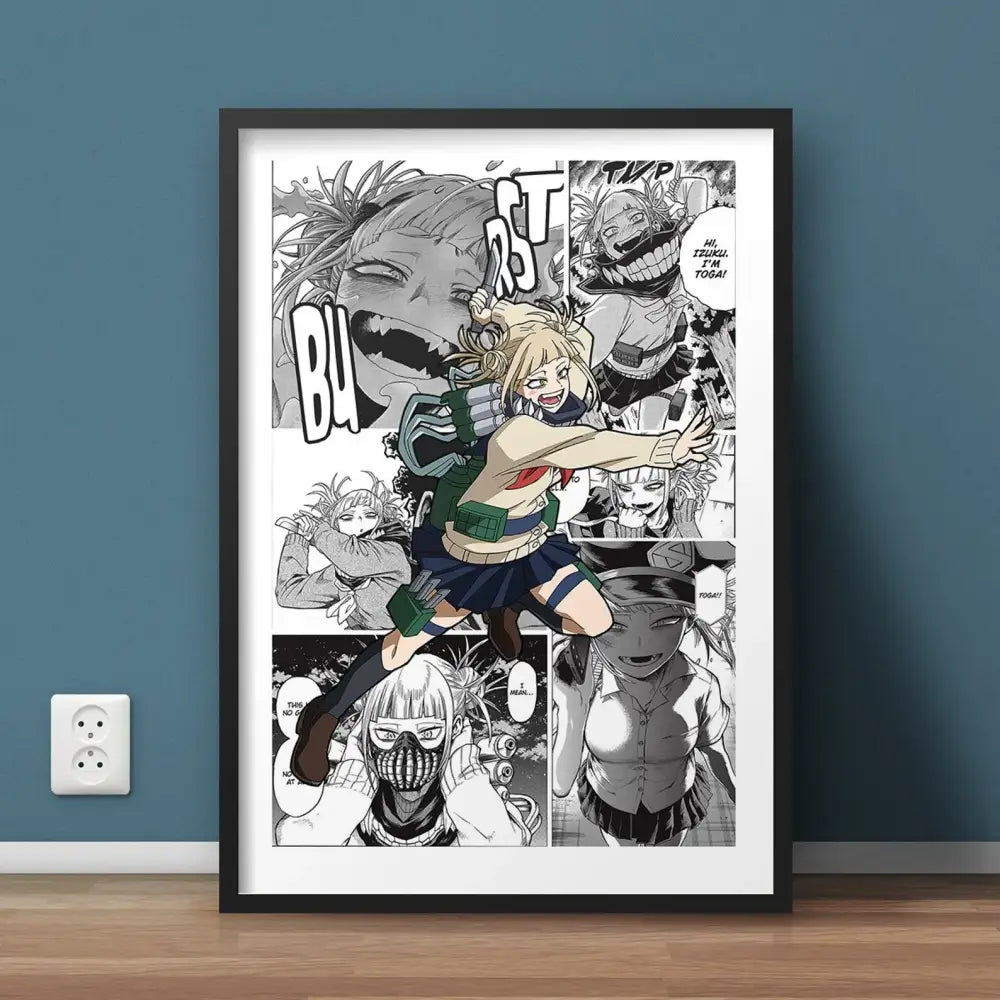 Black-framed hero academia canvas featuring grayscale manga art print with bold white speech bubbles and sound effects