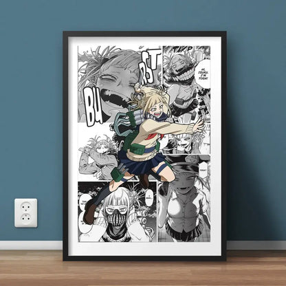 Black-framed hero academia canvas featuring grayscale manga art print with bold white speech bubbles and sound effects