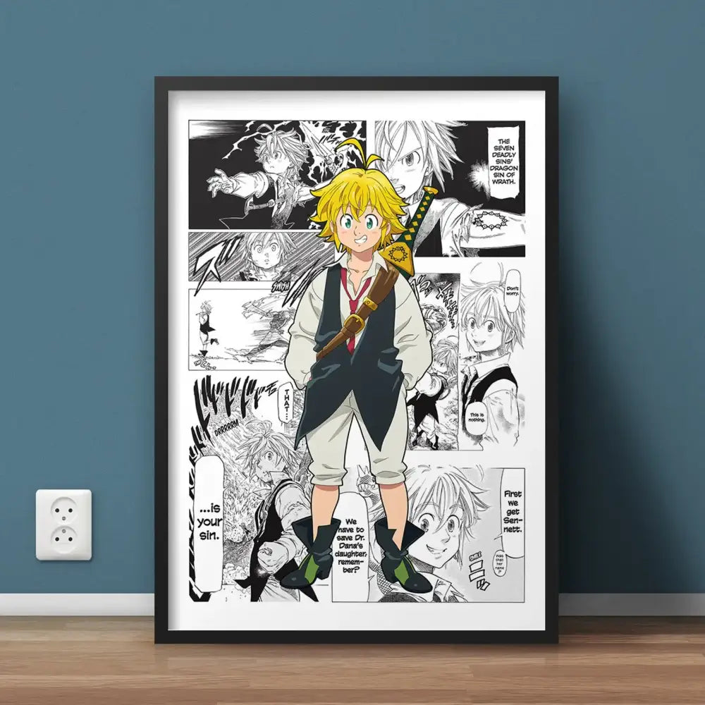 Black-framed hero academia canvas wall art featuring manga-style meliodas in white shirt black vest and green boots