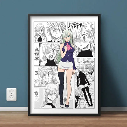 A framed black and white hero academia canvas featuring a green haired anime character and expressive manga panels