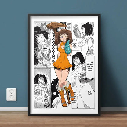 A framed hero academia canvas wall art featuring an anime character in orange dress and brown boots with manga panels background