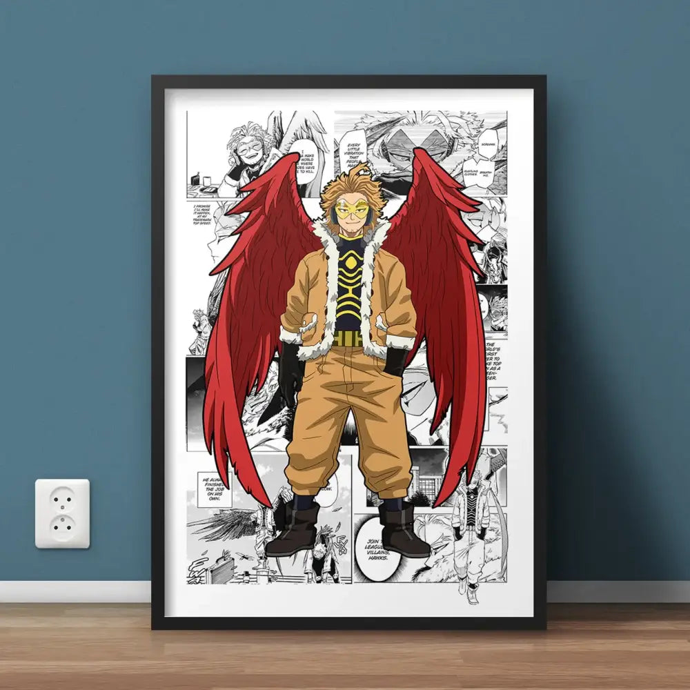 A framed hero academia canvas wall art featuring a vibrant red-winged anime character in tan and black attire