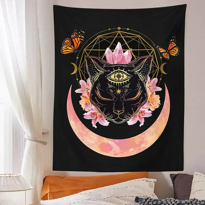 Black tapestry wall hanging featuring a mystical cat witch moon with pink crystals orange butterflies and geometric patterns decorbites