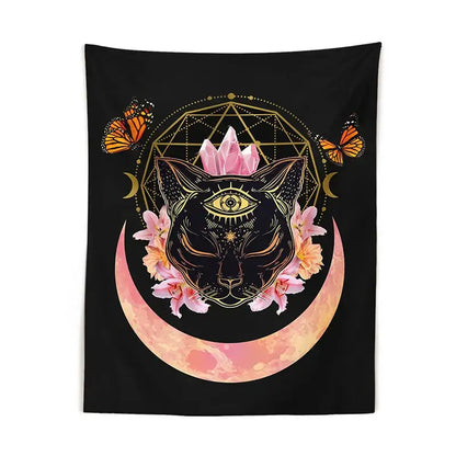 Black tapestry wall hanging with stylized black cat witch moon and pink crystals for decorbites cat witch decor