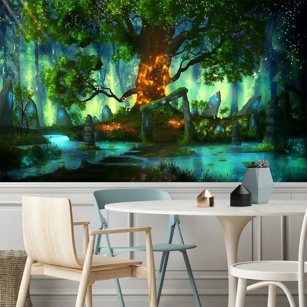 A sleek white circular dining table with minimalist legs beside decorbites 3d print hippie wall tapestry in bedroom decor