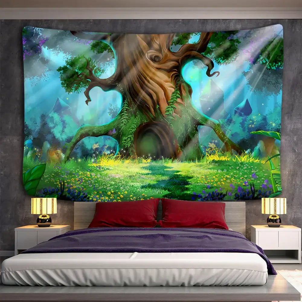 Vibrant mystical forest hippie wall tapestry with glowing blue green hues 3d print decorbites bedroom decor
