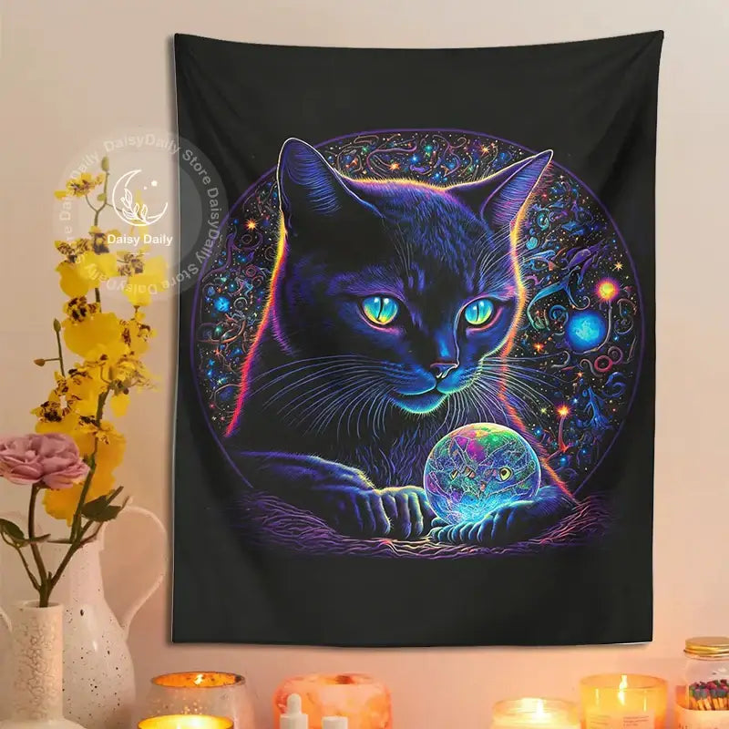 Mystical neon black cat tapestry with psychedelic glowing cat and crystal ball cosmic wall art for decorbites black cat decor