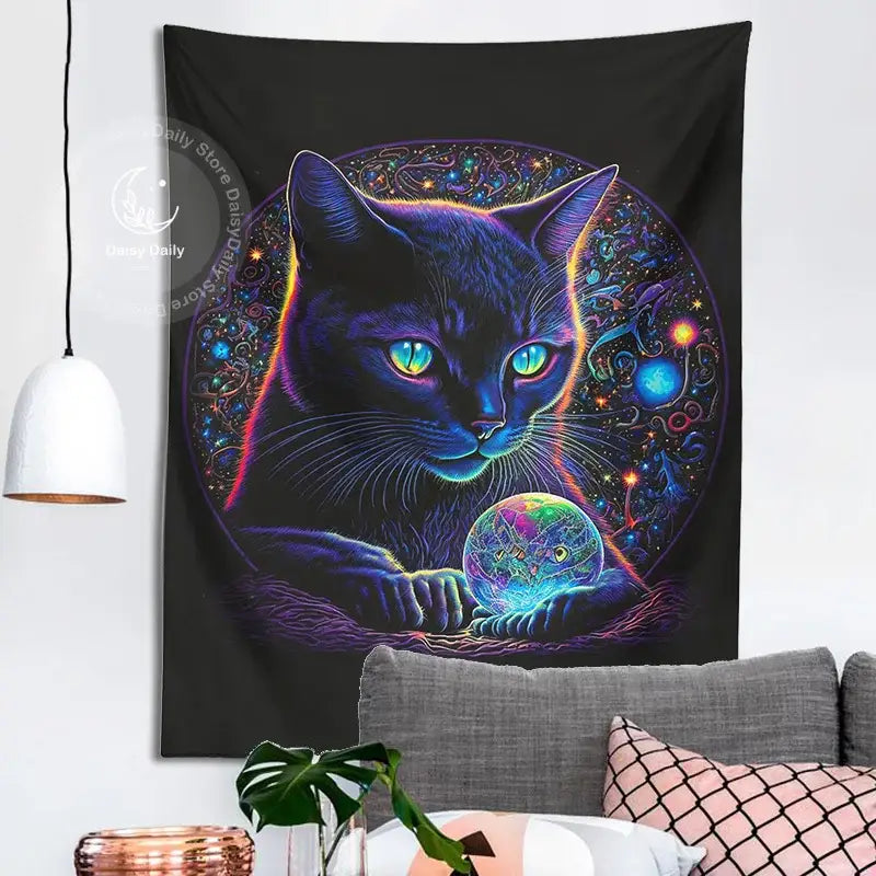 Mystical neon black cat tapestry featuring a psychedelic cat with glowing blue eyes for cosmic wall art decorbites black cat