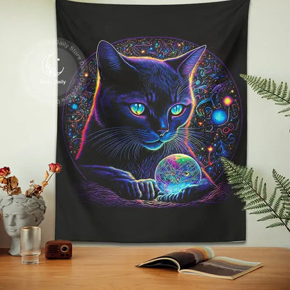 Mystical neon black cat tapestry featuring a glowing neon cat with blue eyes and cosmic patterns for bedroom decorbites black cat wall art