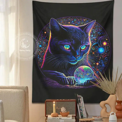A vibrant psychedelic decorbites black cat tapestry with glowing blue eyes and neon fur for cosmic bedroom wall art