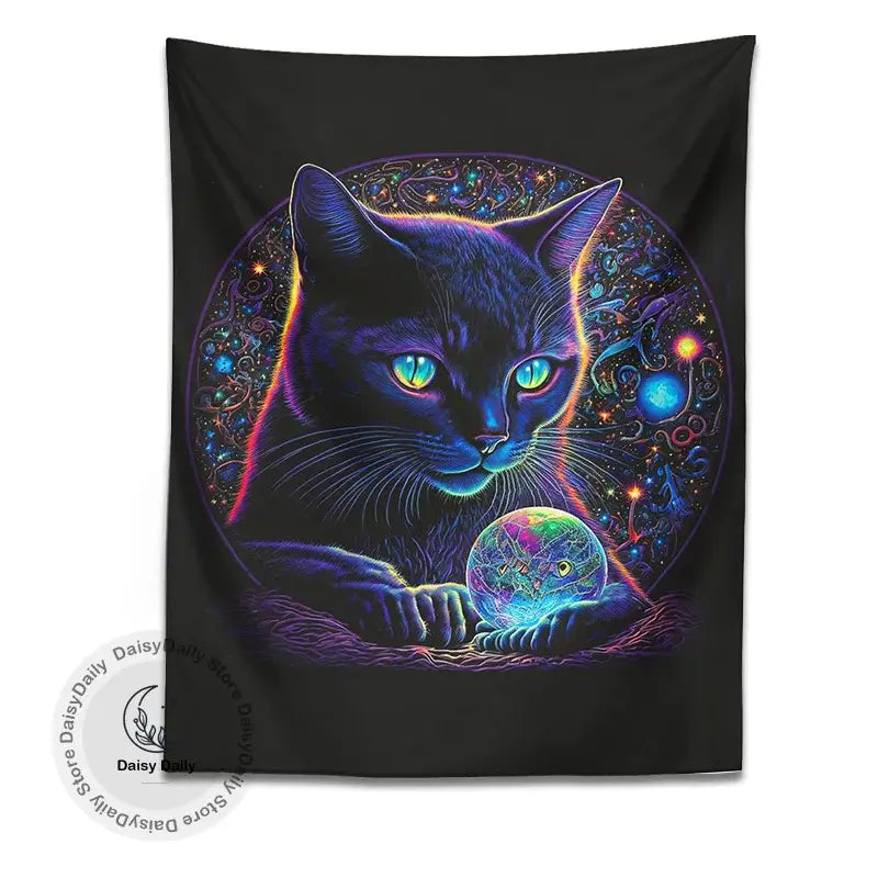 Mystical neon black cat tapestry featuring a glowing blue and purple cat with green eyes and cosmic patterns decorbites black cat decor