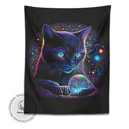 Mystical neon black cat tapestry featuring a glowing blue and purple cat with green eyes and cosmic patterns decorbites black cat decor