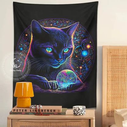 Vibrant neon black cat tapestry featuring a mystical cat with glowing blue eyes and cosmic patterns for bedroom decorbites black cat decor