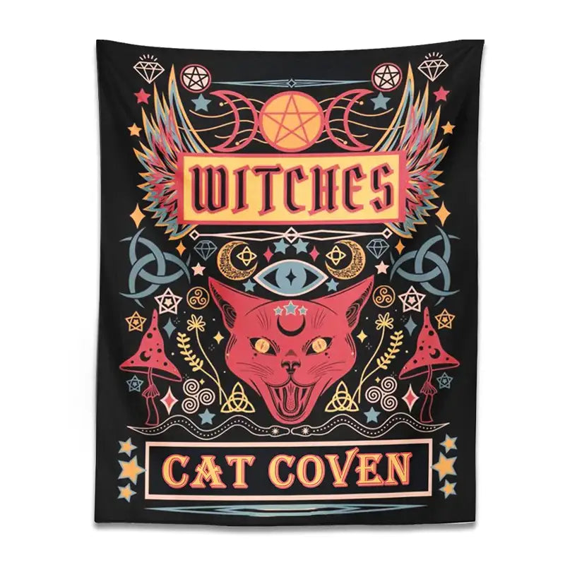Black tapestry featuring a vibrant red cat with golden eyes and mystical symbols for cat witchcraft home decor
