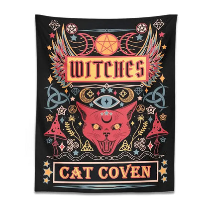 Black tapestry cat witchcraft tapestry featuring a vibrant red cat with golden eyes and mystical symbols in pink and gold