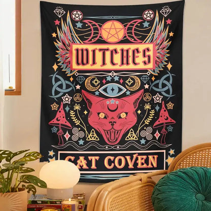 A vibrant black cat witchcraft tapestry with a red cat and colorful mystical symbols for bedroom wall decor