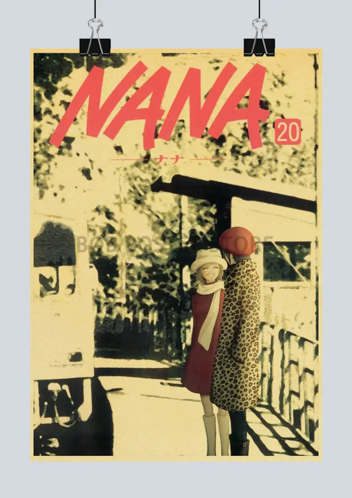 Vintage-style nana anime retro poster with bold red lettering and sepia-toned illustration of two characters
