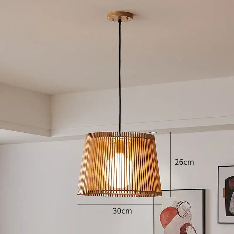Natural bamboo birdcage chandelier pendant lamp with warm-toned slatted wooden shade and black cord decorbites pendant lamp