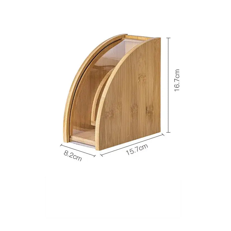 Natural bamboo coffee filter holder with clear glass front and curved design for kitchen storage of coffee filters