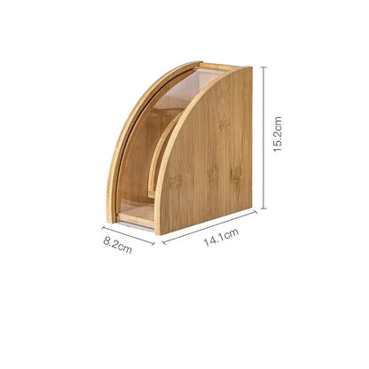 A sleek curved natural bamboo coffee filter holder with transparent glass front panel for kitchen storage decorbites bamboo coffee