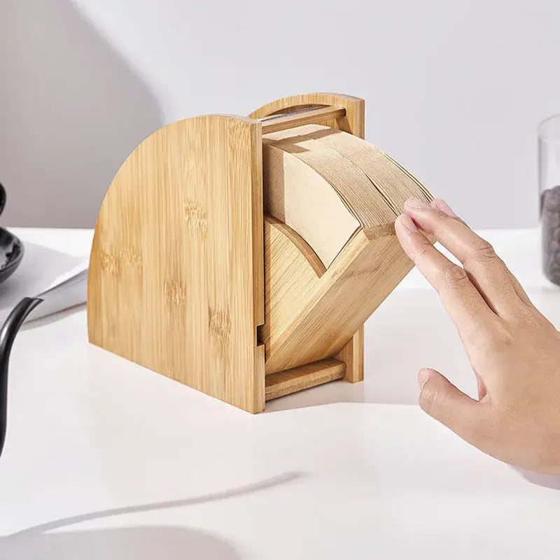Natural bamboo coffee filter holder in light brown with curved semi-circular design for coffee filter organization decorbites bamboo coffee
