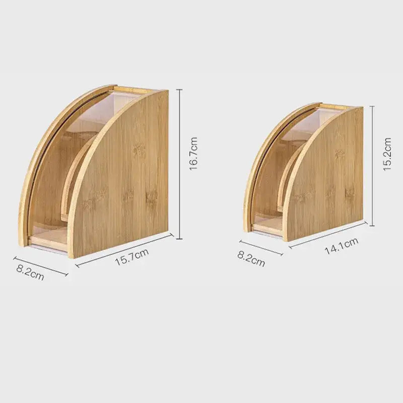 Natural bamboo coffee filter holder with curved bamboo coffee filters and transparent glass inserts for kitchen storage
