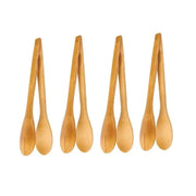 Set of four natural bamboo kitchen food tongs with smooth light brown finish and tapered handles for salad use