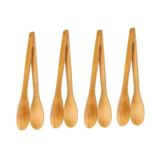 Set of four natural bamboo kitchen food tongs with smooth light brown finish and tapered handles for salad use