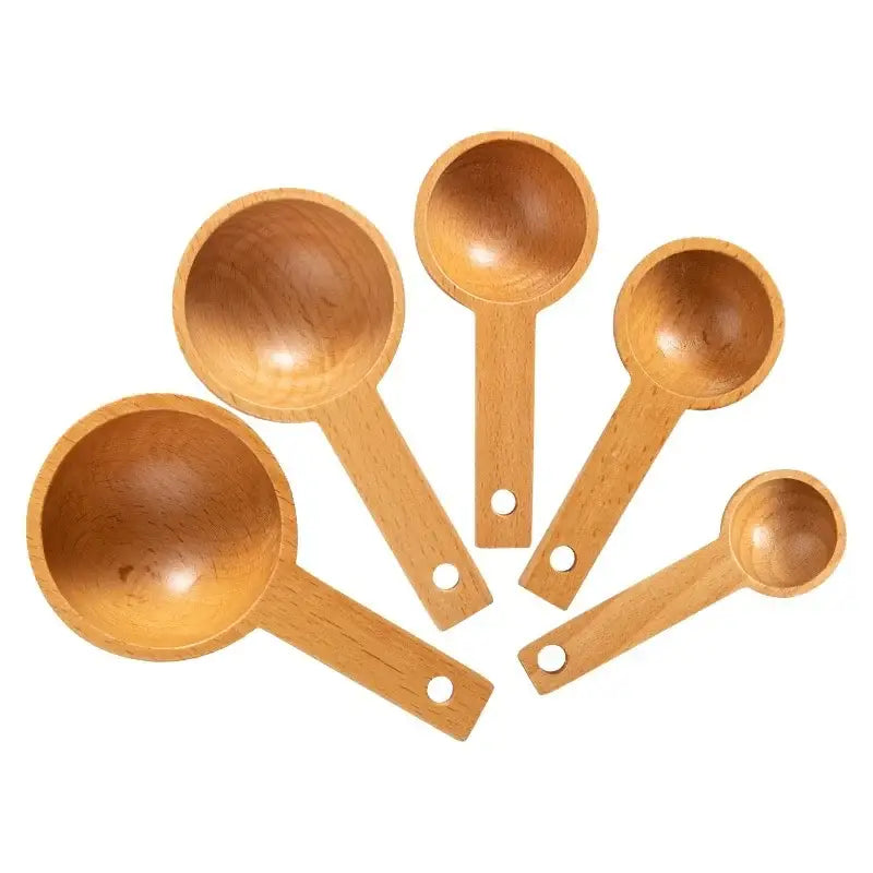 Set of five natural beech wood tablespoon coffee scoops with smooth bowls and handles with hanging holes