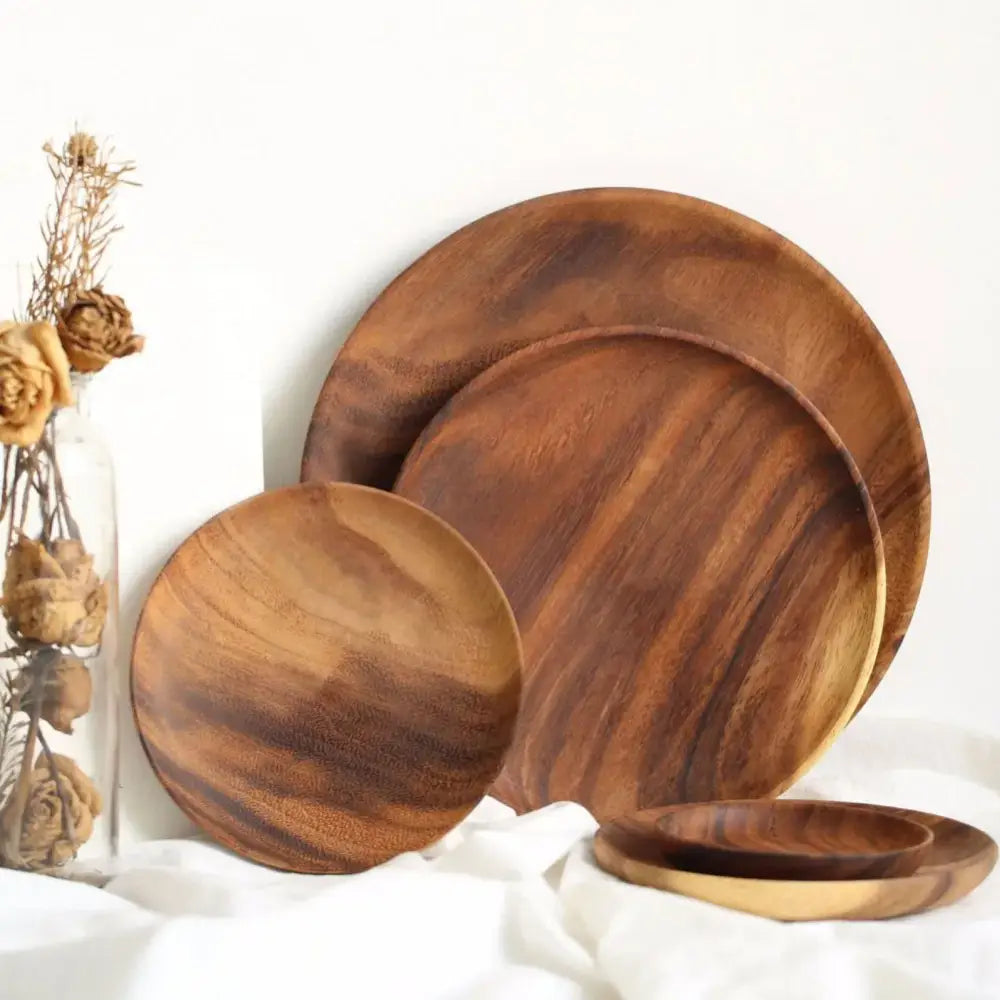Natural beech wooden round plate set of 3 with warm brown tones and natural wood grain for kitchen and dining use