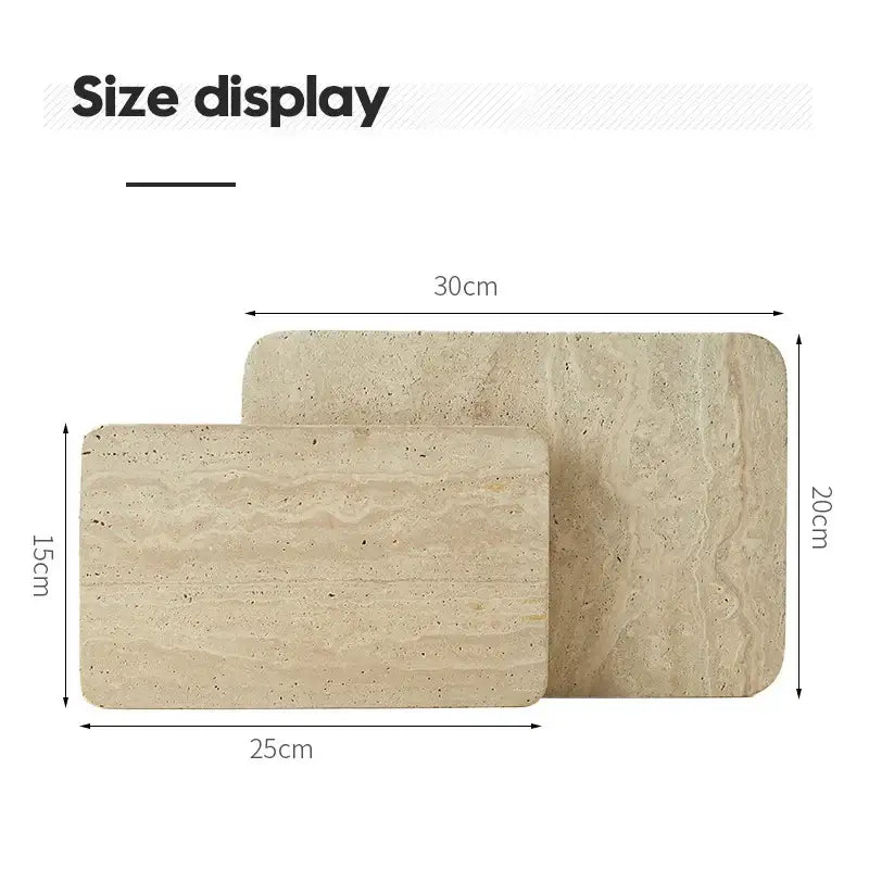 Beige travertine marble rectangular stone coasters with natural veining and rounded edges for kitchen and bathroom tray decorbites marble plate