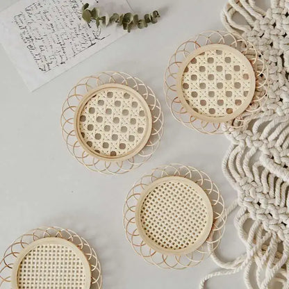 Beige bamboo woven coasters with circular lattice pattern and decorative rim in natural lace storage basket set
