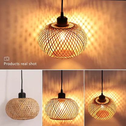 Warm-toned natural lattice bamboo rattan pendant chandelier with woven spherical design and black fixture for dining room decorbites bamboo rattan