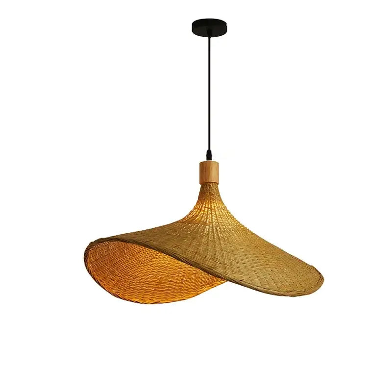 Natural light brown bamboo wicker chandelier pendant light with woven rattan, natural wood accent, and black hanging fixture