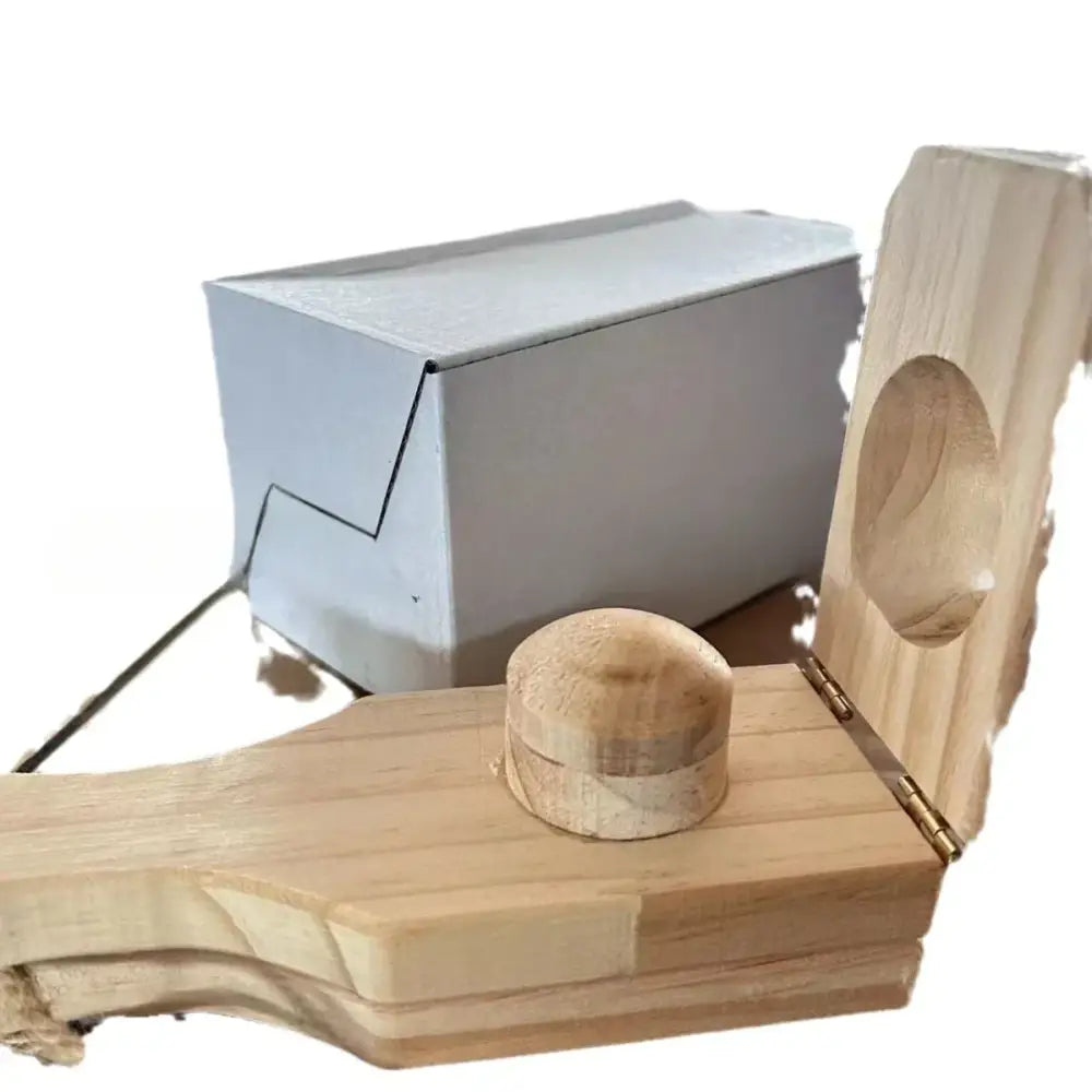 Natural light wood banana smasher with hinged design and rounded textured knob wooden banana smasher tool